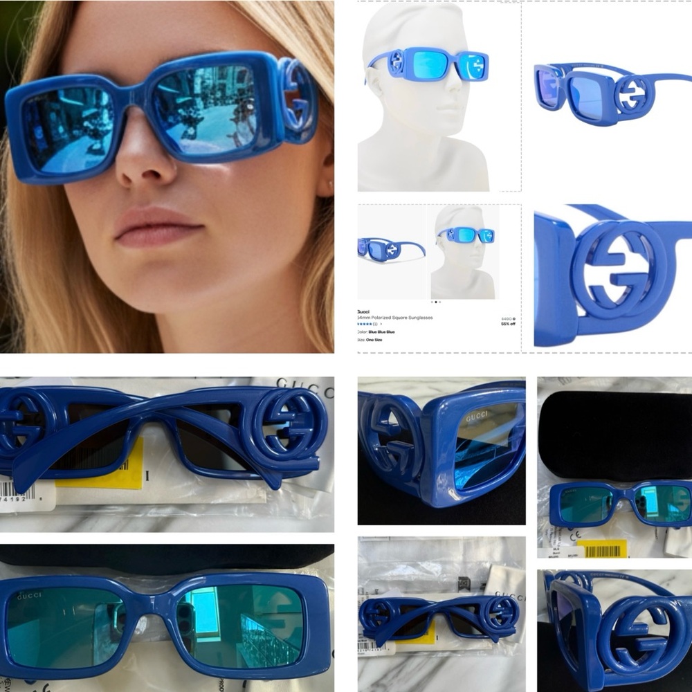 GUCCI SUNGLASSES STRIKING BLUE RECTANGULAR SUNGLASSES WITH BLUE MIRROR LENSES - Picture 9 of 16